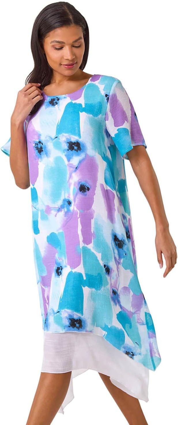 Noémie Vestido Recto Mujer – Vestido de Doble Velo con Estampado Abstracto Elegante para Verano