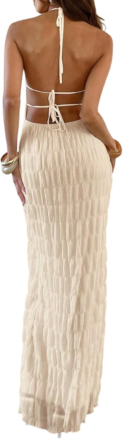 Eva Maxi-kjole til kvinder – Elegant bodycon halterneck-kjole med åben ryg i Old Money-stil