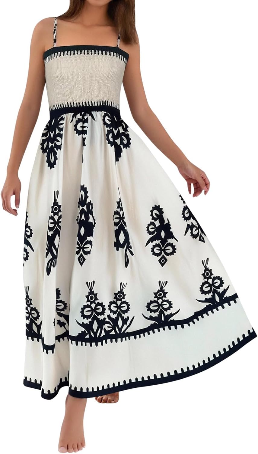 Amélie Abito Donna – Abito Maxi Bohemien Arricciato Collo Quadrato Senza Maniche Stampato Estate