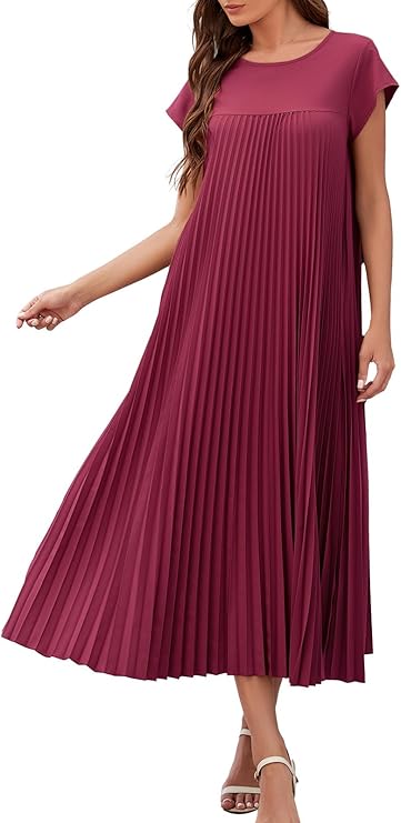 Vestaglia Lunga Donna Ginny – Plissettata, Collo Tondo & Tasche, Taglio Fluido, Estate Elegante