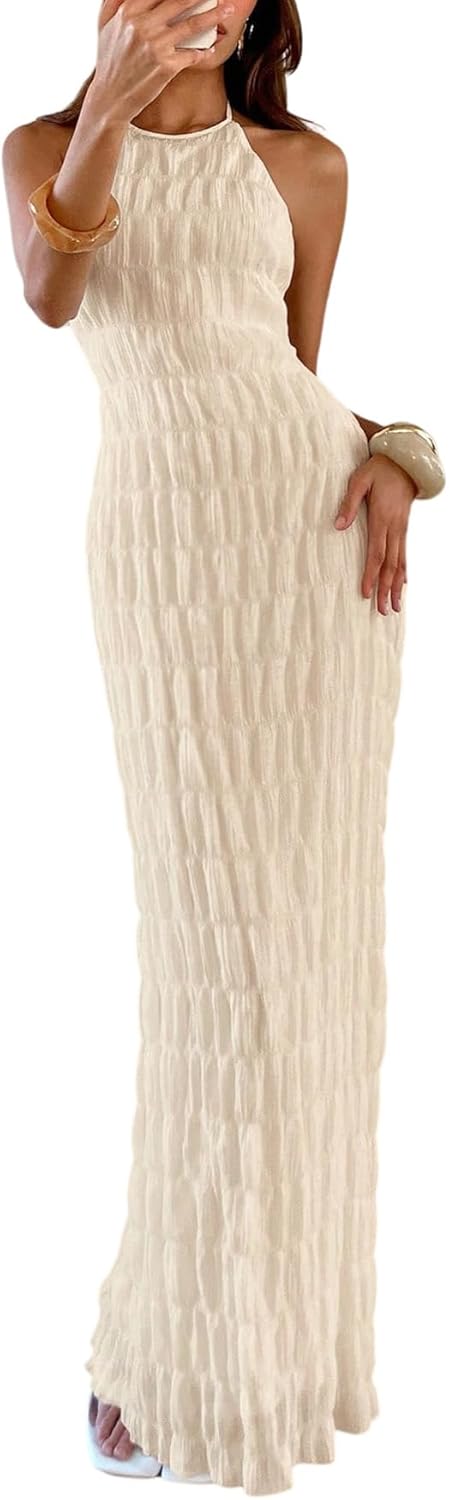 Eva Maxi-kjole til kvinder – Elegant bodycon halterneck-kjole med åben ryg i Old Money-stil