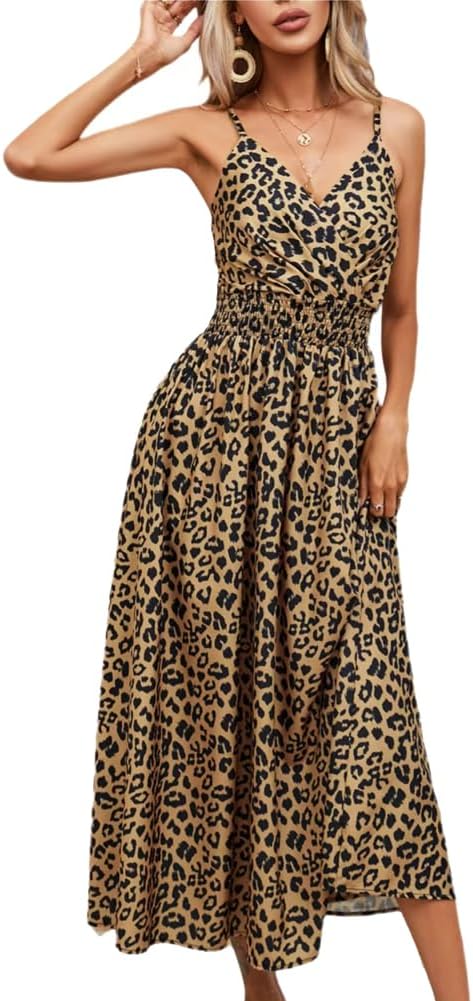 Éléonore Robe Longue Fleurie Femme – Robe d’Été à Bretelles Fines Col V Taille Haute