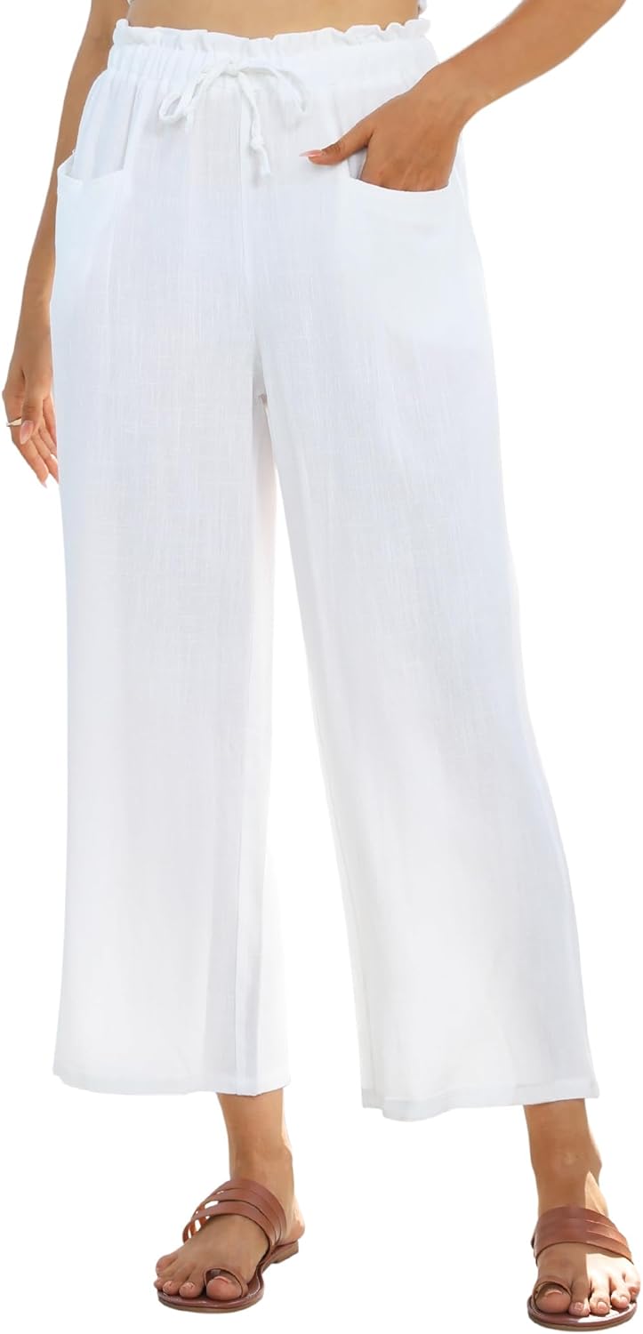 Linda Pantalón Mujer Lino Capri – Corte Amplio Fluido, Cintura Alta Elástica Verano