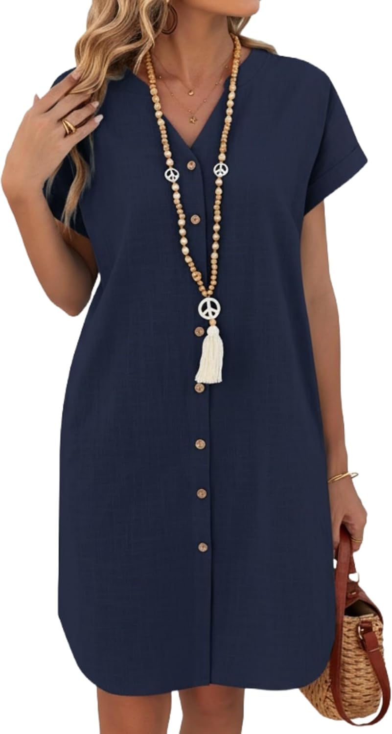 Vestido Clara Camisola Mulher Linho – Decote V Henley, Mangas Curtas, Bolsos Verão