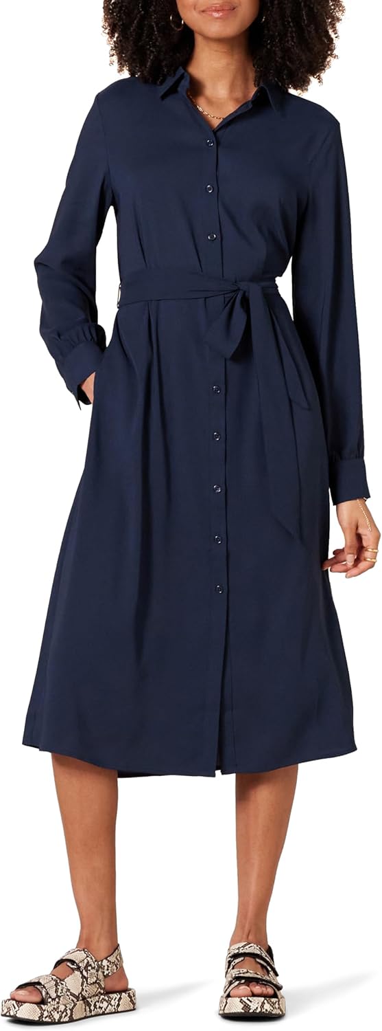 Sophie Women's Midi Shirt Dress – Classic Collar, Long Sleeves, Elegant Belt