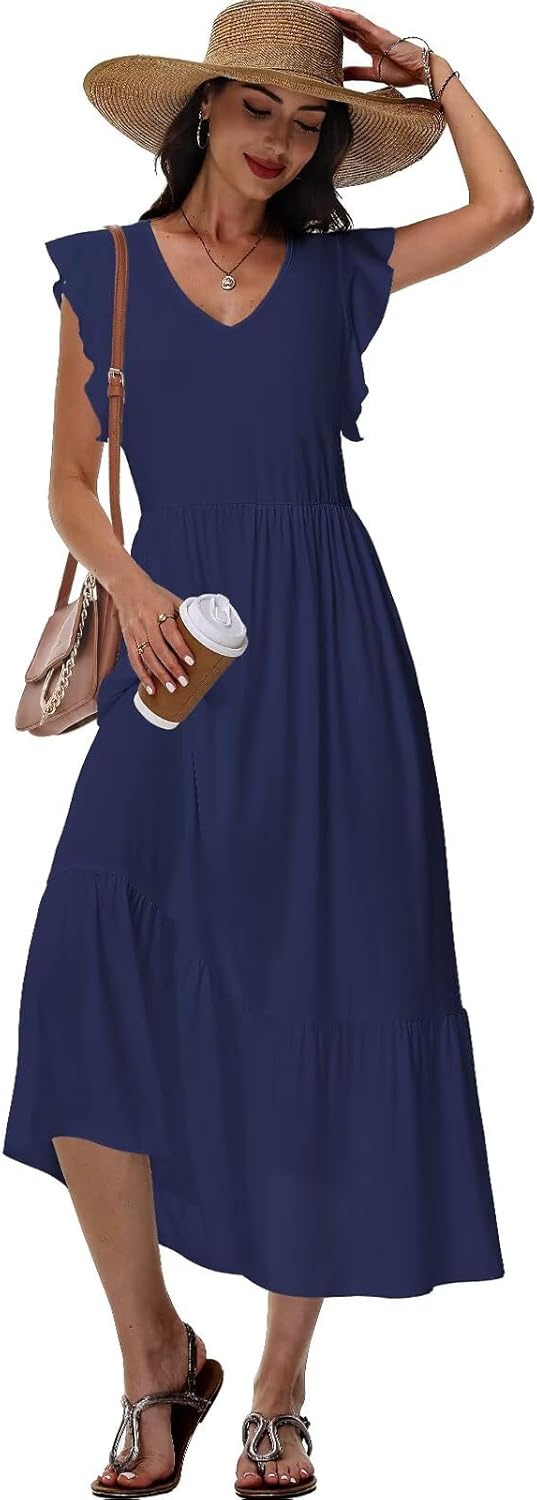 Elena Robe Femme – Robe Midi Fleurie Col V Coupe Fluide Avec Poches Été
