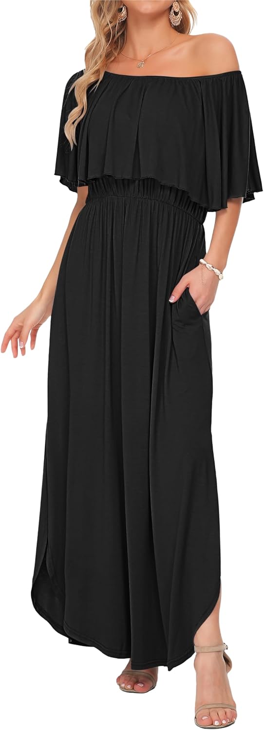 Vestido maxi Odelie para mujer verano – Hombros descubiertos con volantes y bolsillos