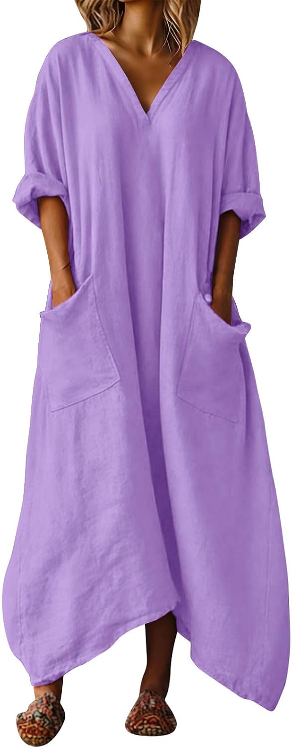Vestido Mila para mujer – Vestido maxi de lino con escote en V, mangas 3/4, corte línea A, oversize, verano