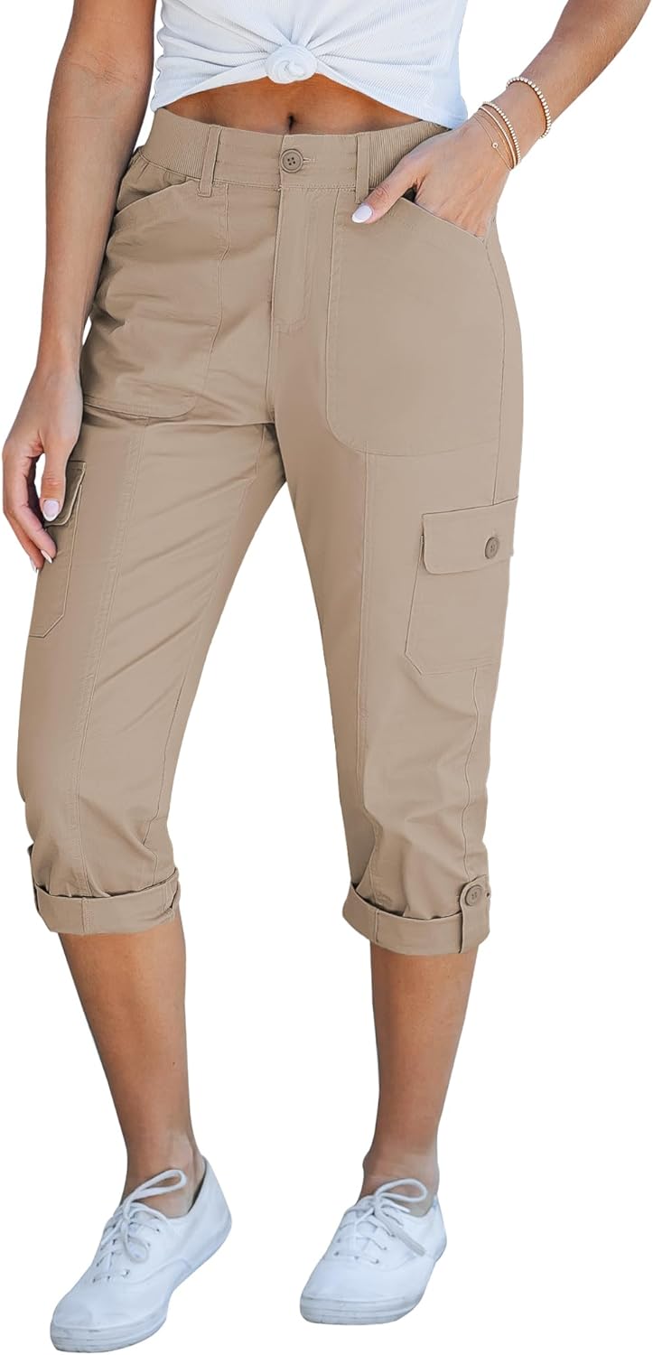 Laurice Pantaloni Cargo Capri Donna – Vita Alta Elastico, Multi Tasche Casual