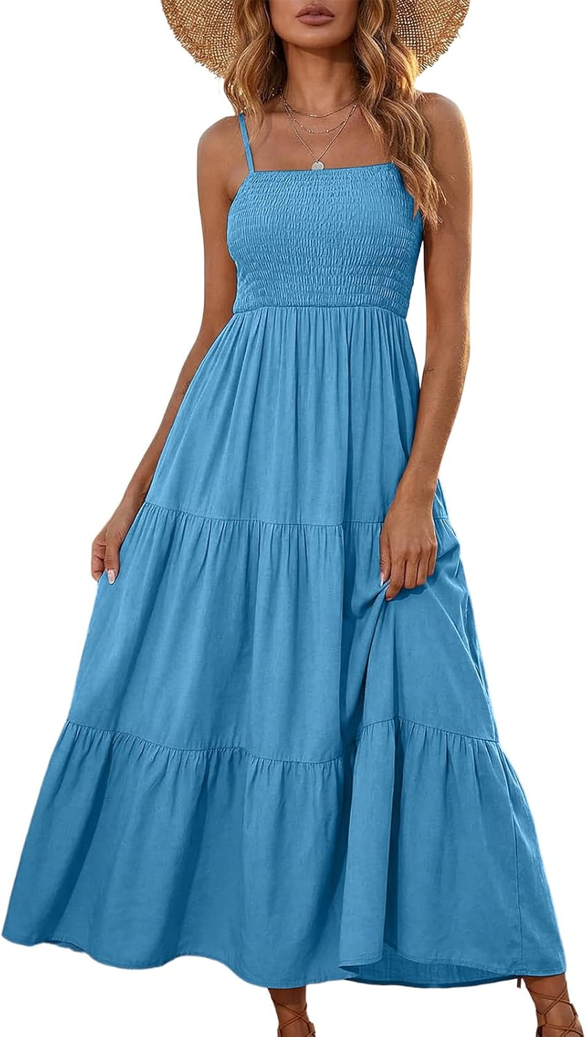 Vestido Léa para mujer – Vestido maxi bohemio con escote cuadrado, fruncido, volantes, fluido, verano