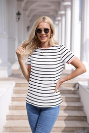 Γυναικείο T-Shirt Belen Ριγέ – Στρογγυλή Λαιμόκοψη, Κοντά Μανίκια, Χαλαρή Casual Γραμμή Καλοκαίρι
