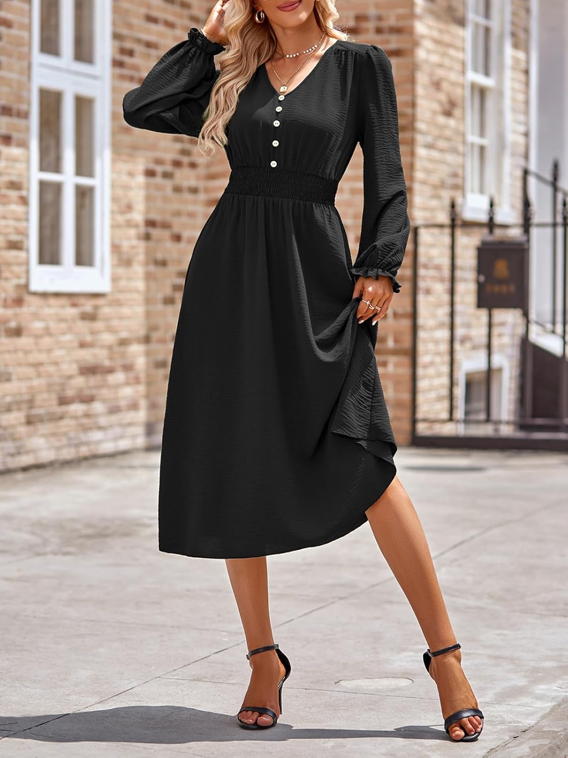 Vestido Midi Feminino Emma – Vestido com Decote em V, Mangas Compridas, Cintura Alta, Corte A-Line Elegante