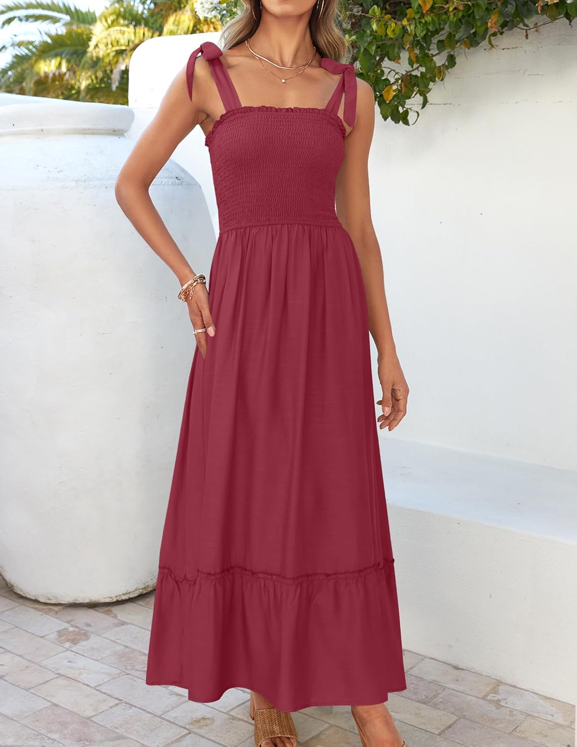 Léa bohemien maxi jurk dames – lange jurk met bandjes, vierkante hals en volant, zomer, elegant