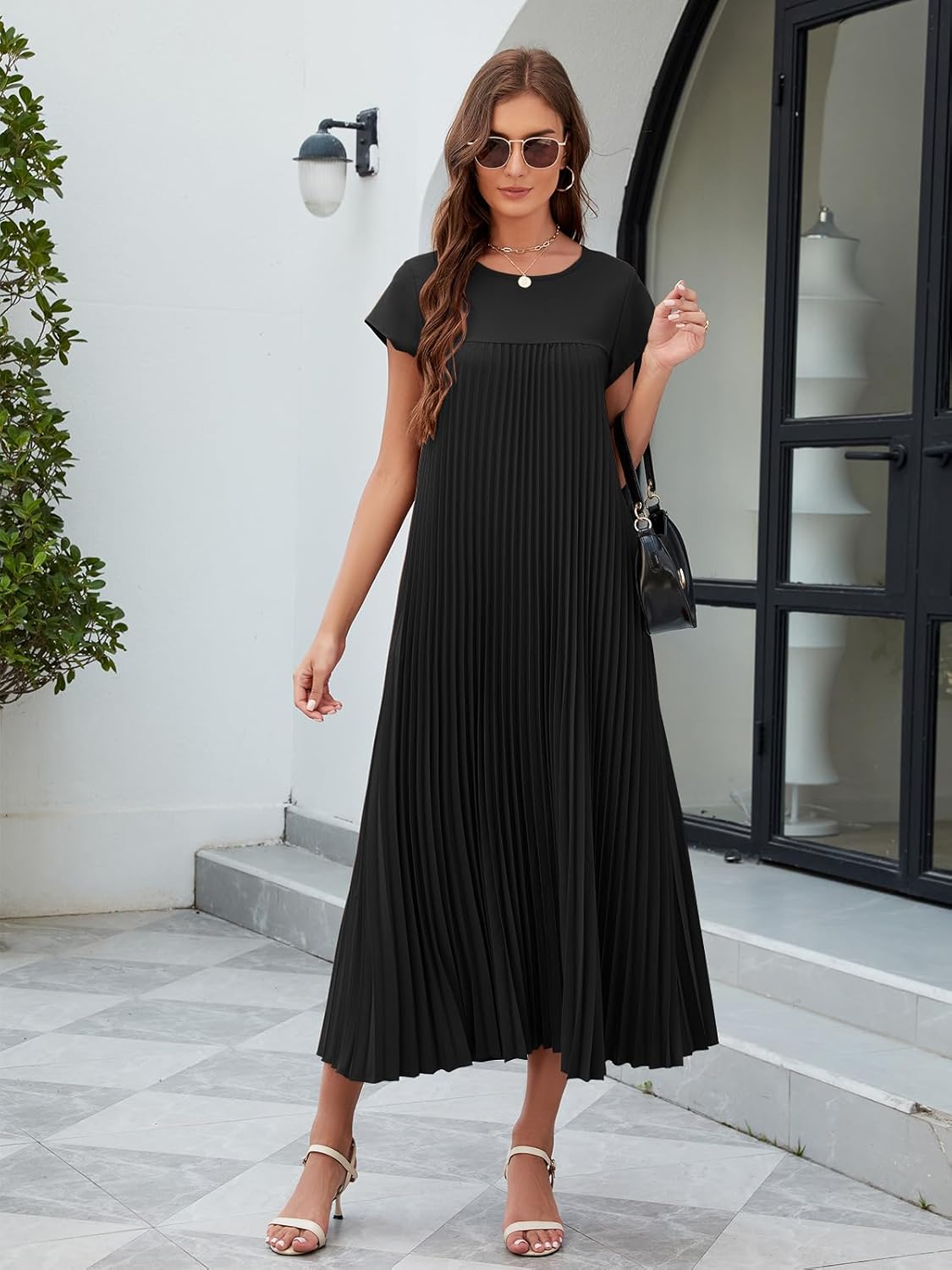 Vestaglia Lunga Donna Ginny – Plissettata, Collo Tondo & Tasche, Taglio Fluido, Estate Elegante