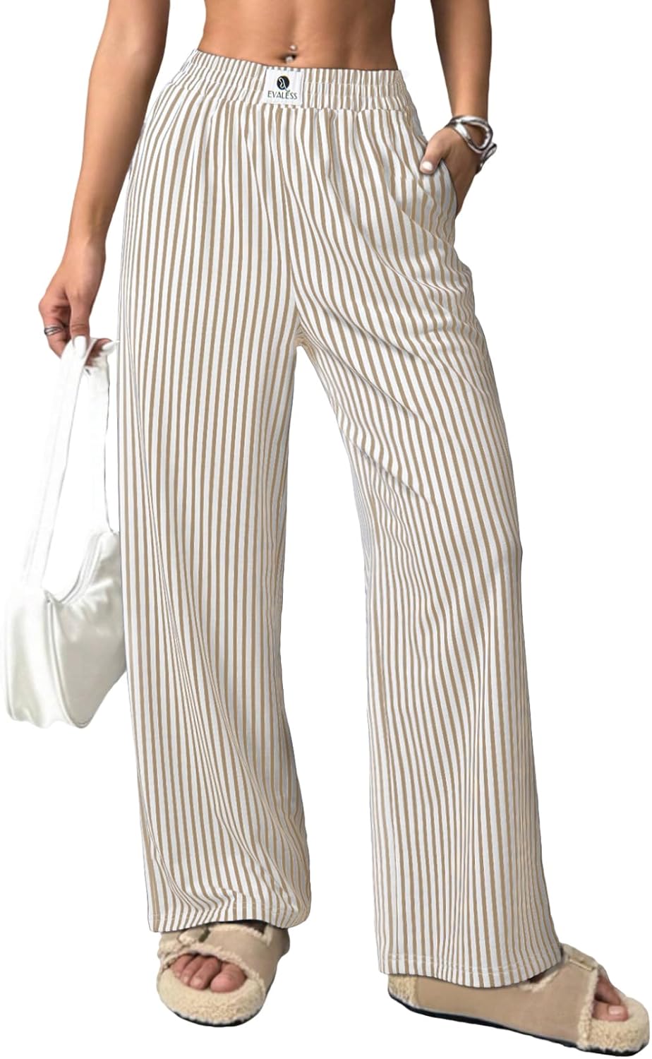 Verna Pantalon Femme Rayé – Coupe Large Fluide, Taille Haute Élastique Lounge Été