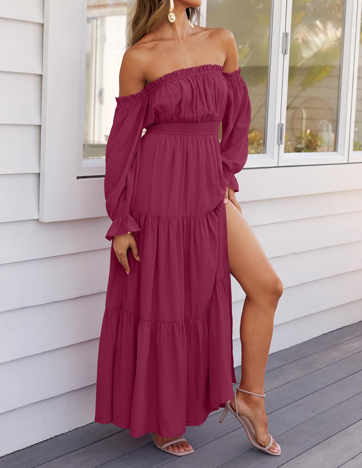 Sophie Maxikleid Damen – Boho-Kleid mit schulterfreiem Schnitt, Schlitz und geraffter Taille