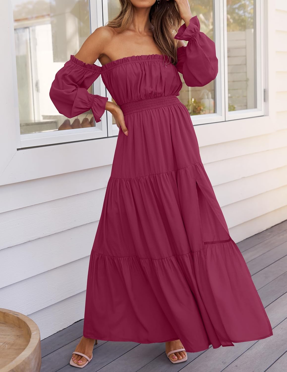 Sophie Maxikleid Damen – Boho-Kleid mit schulterfreiem Schnitt, Schlitz und geraffter Taille