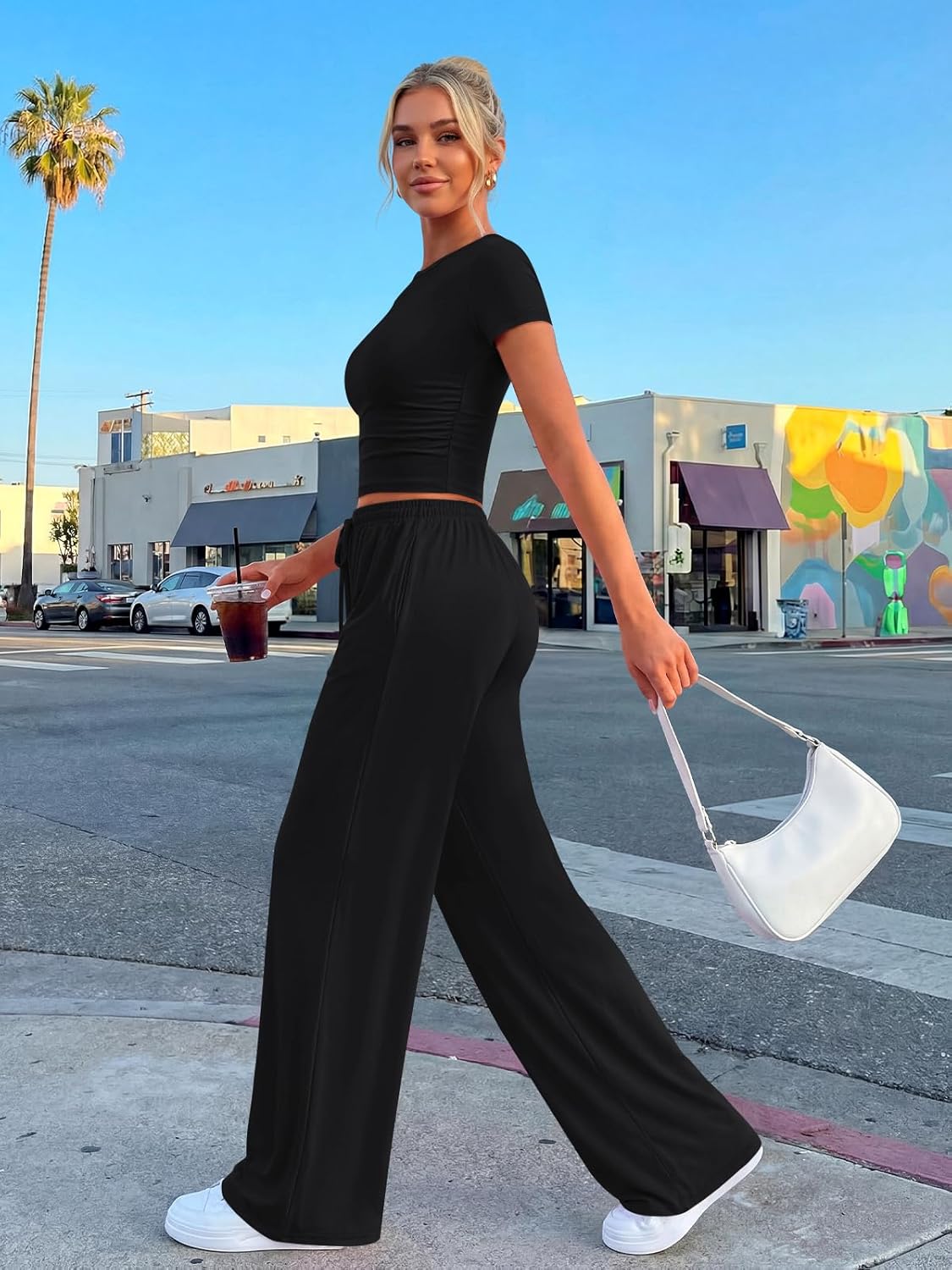 Sienna Women's Summer Set – Ruched Top & Wide-Leg Pants with Pockets