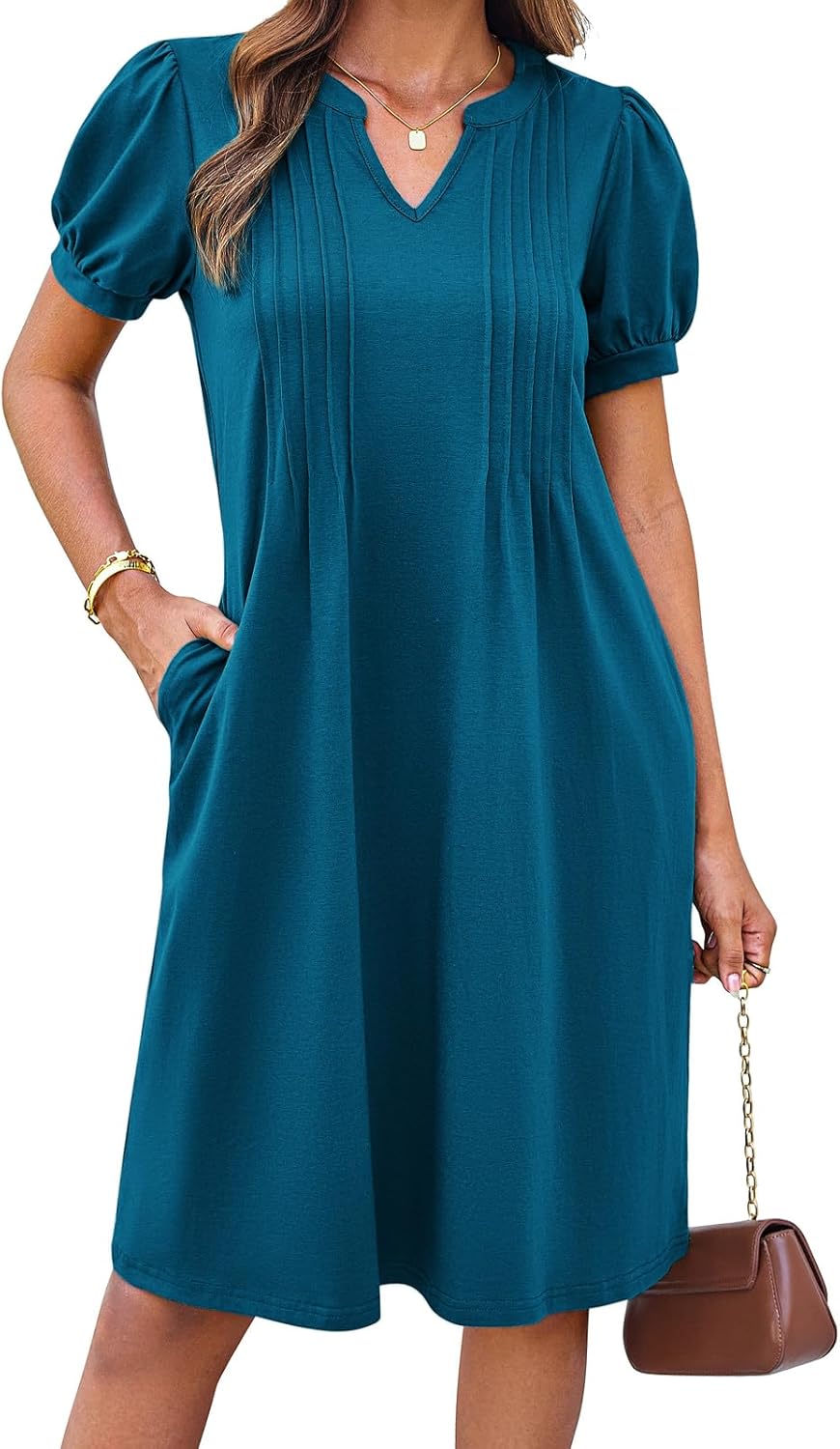 Camille Midi A-Line Dress – Elegant Cotton Henley Collar Dress with Pockets for Women