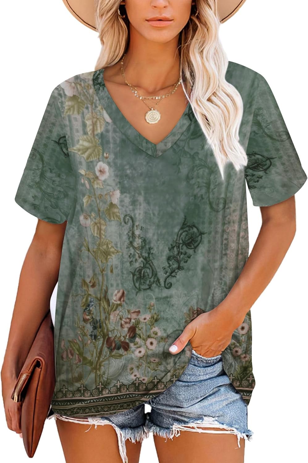 Chloé Women's Striped T-Shirt – V-Neck Tunic Short Sleeves Loose Fit Summer