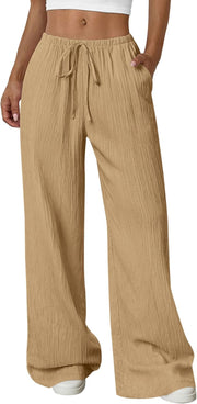 Jessica Pantalon Femme – Palazzo Large Taille Haute Cordon & Poches Été