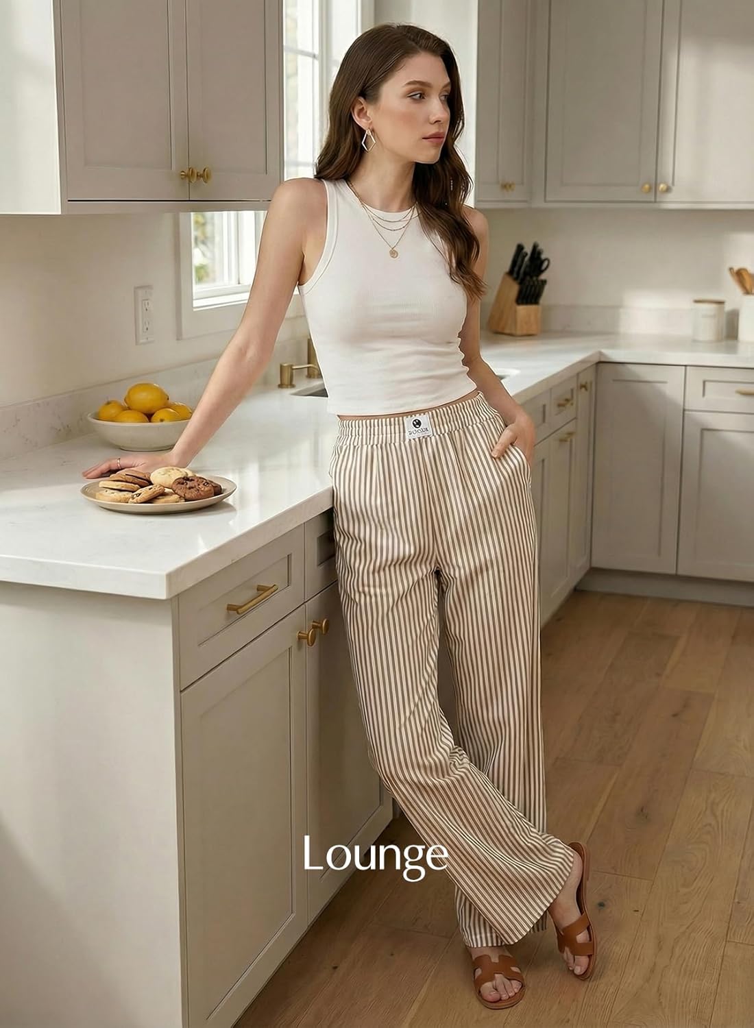 Verna Pantalon Femme Rayé – Coupe Large Fluide, Taille Haute Élastique Lounge Été