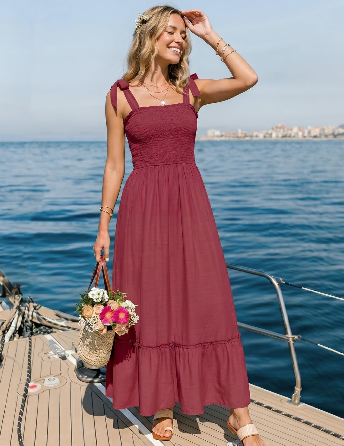 Vestido Maxi Bohemio para Mujer Léa – Vestido Largo con Tirantes, Escote Cuadrado, Volantes, Verano Elegante