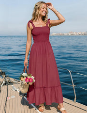 Léa bohemien maxi jurk dames – lange jurk met bandjes, vierkante hals en volant, zomer, elegant