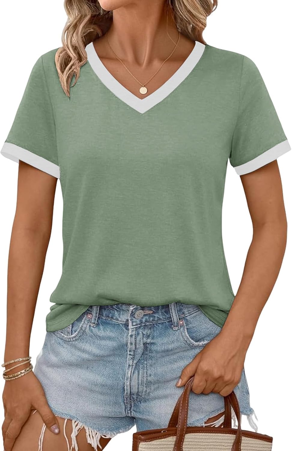 Camiseta Camry para mujer con cuello en V – Manga corta, corte amplio, elástica, ligera, verano