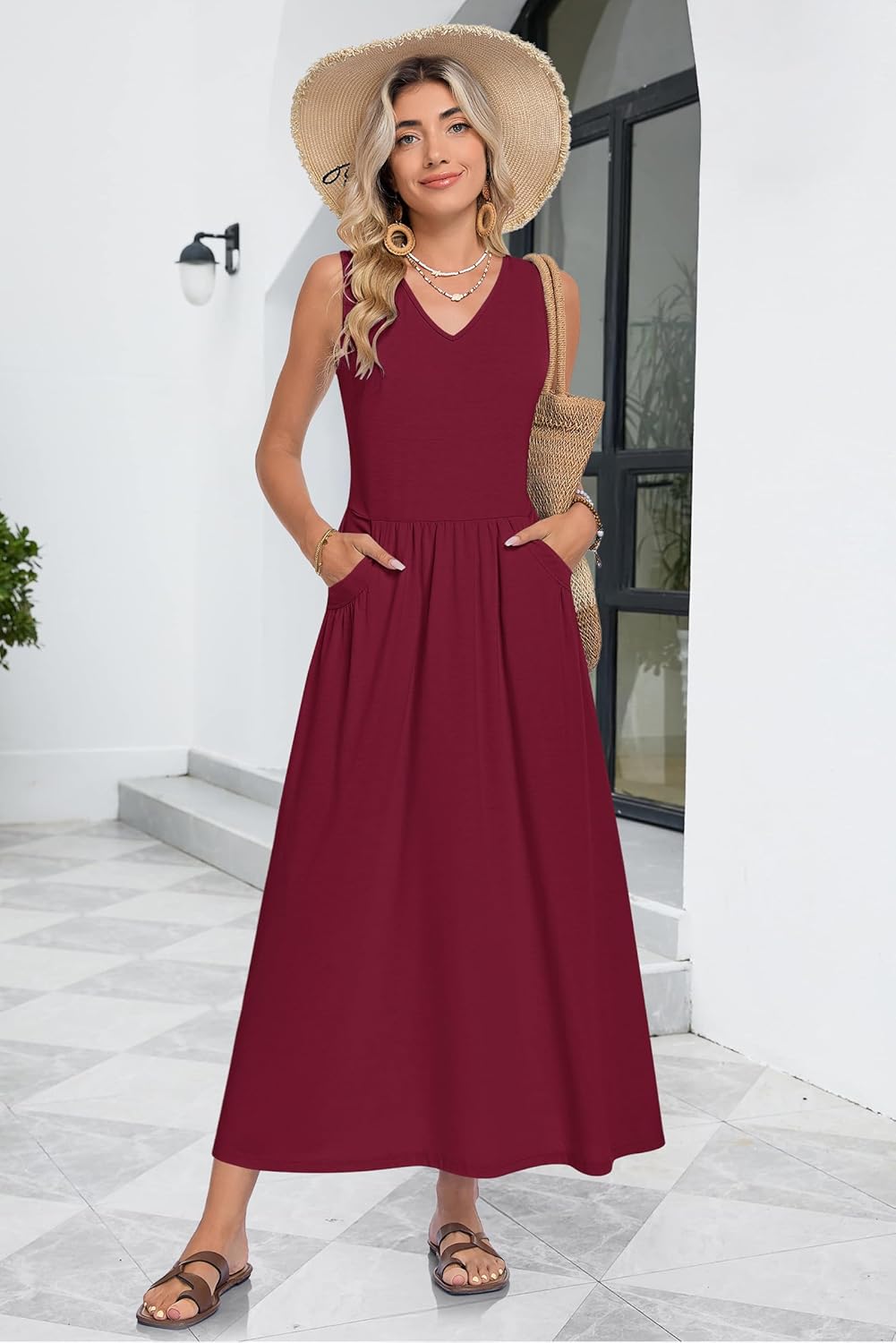 Faye Maxikleid Damen Sommer – Langes Kleid mit V-Ausschnitt, Ärmellos, A-Linie Schnitt und Taschen