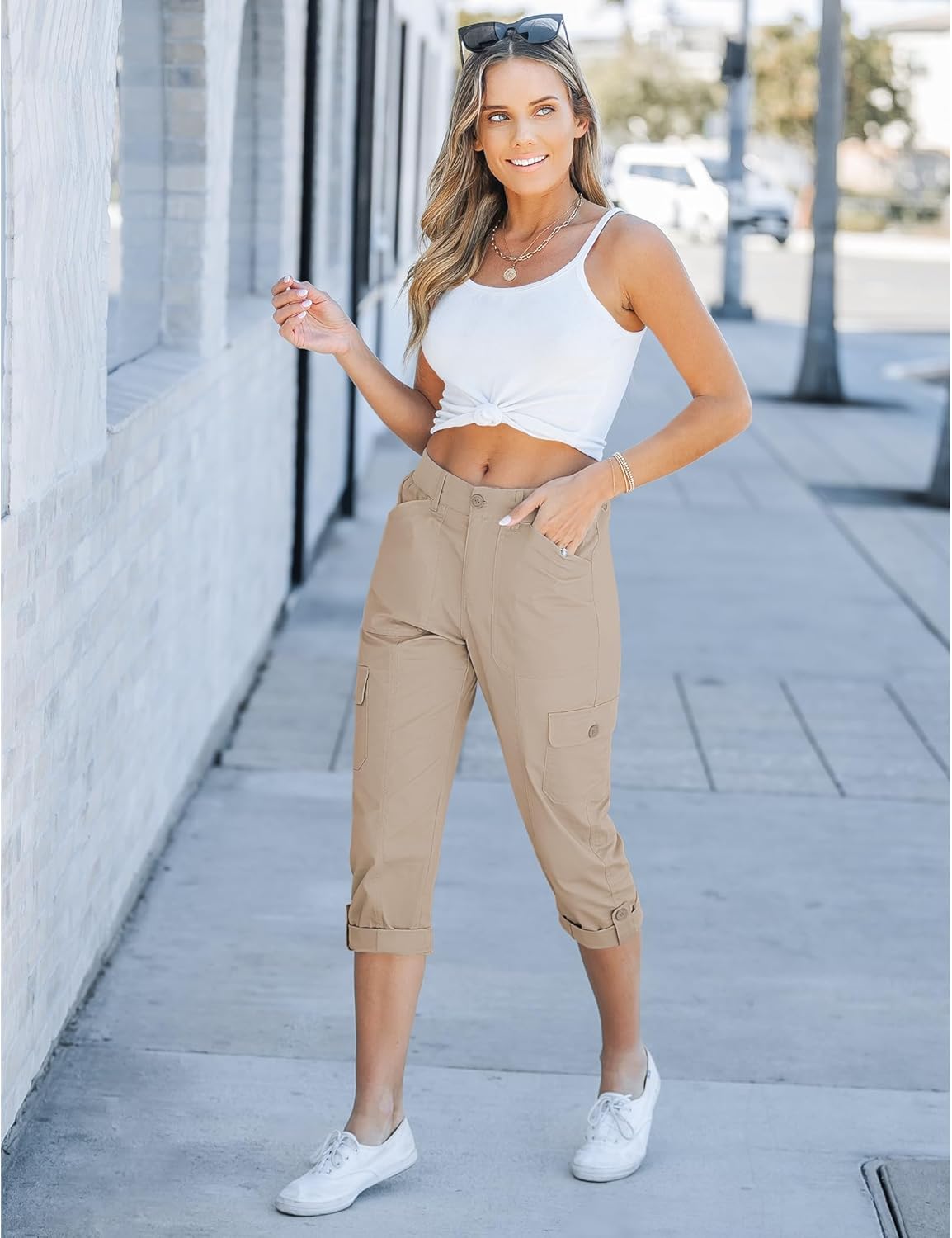 Laurice Pantaloni Cargo Capri Donna – Vita Alta Elastico, Multi Tasche Casual
