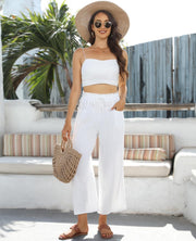 Linda Pantalón Mujer Lino Capri – Corte Amplio Fluido, Cintura Alta Elástica Verano