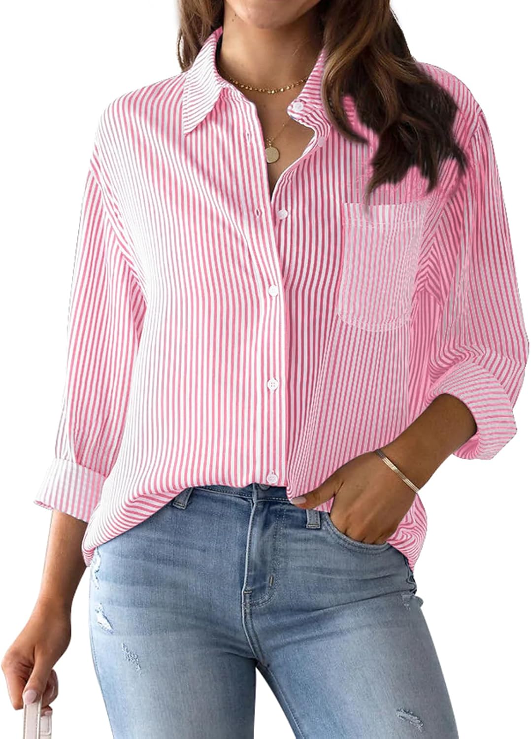 Julie Camisa Mulher às Riscas – Blusa de Algodão com Gola em V e Botões Elegante Casual