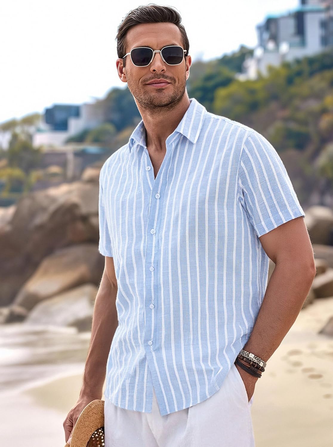 Marco Herreskjorte – Stribet Hørskjorte med Korte Ærmer, Casual Chic Sommerstil