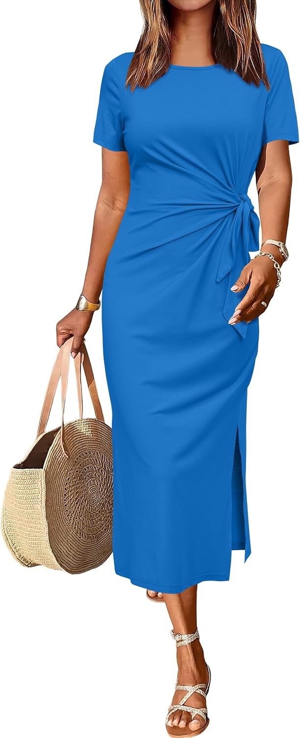 Camille Vestido Midi de Senhora – Mangas Curtas, Cintura com Atacadores e Abertura, Estilo Casual