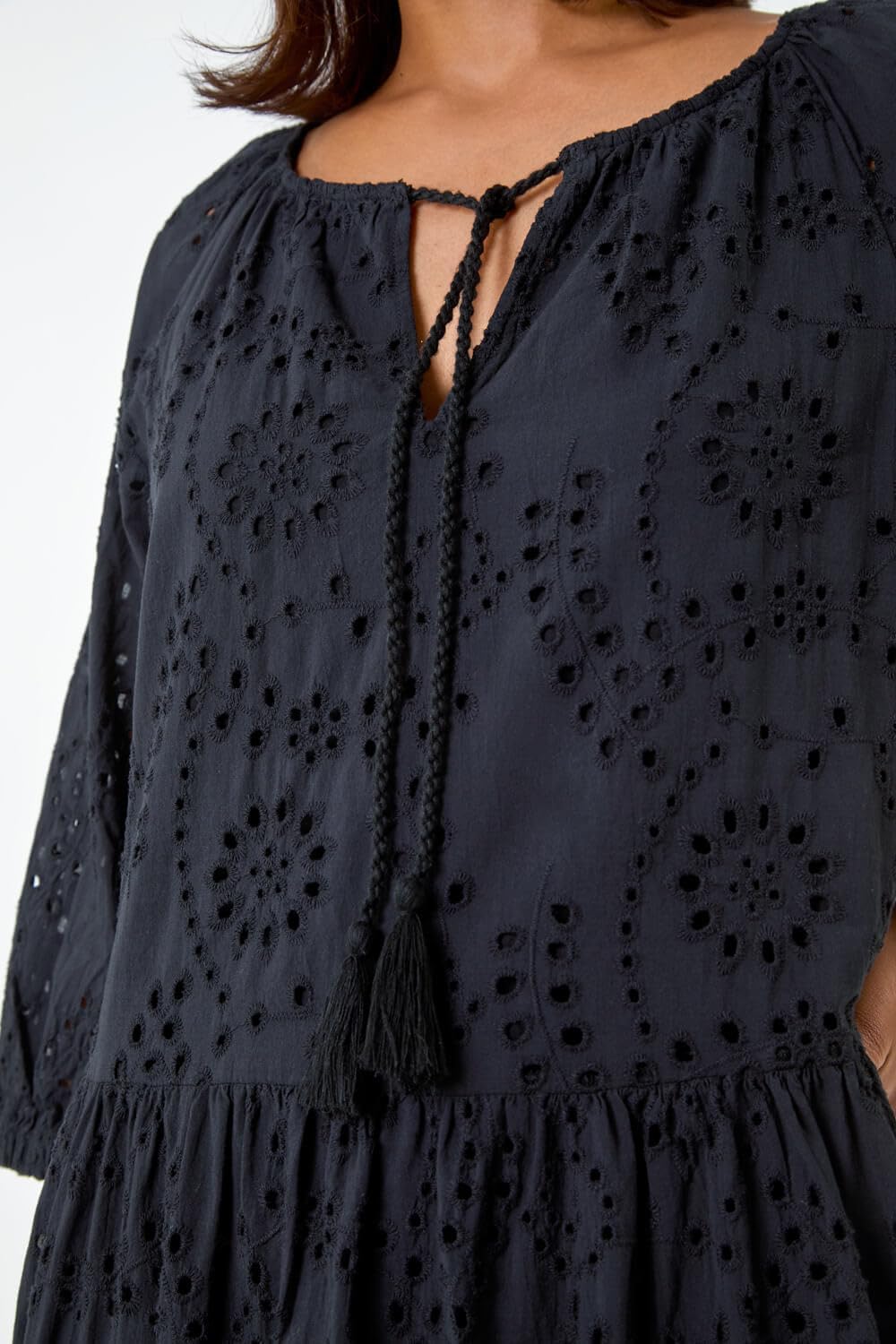 Lina Midi Dress for Women – Embroidered Dress with Ruffles, V-Neck, Cotton, Elegant Summer Dress