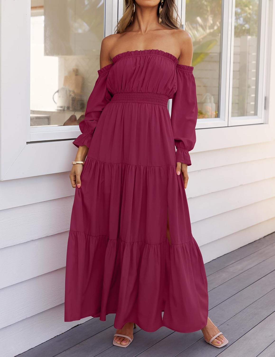 Sophie Maxikleid Damen – Boho-Kleid mit schulterfreiem Schnitt, Schlitz und geraffter Taille