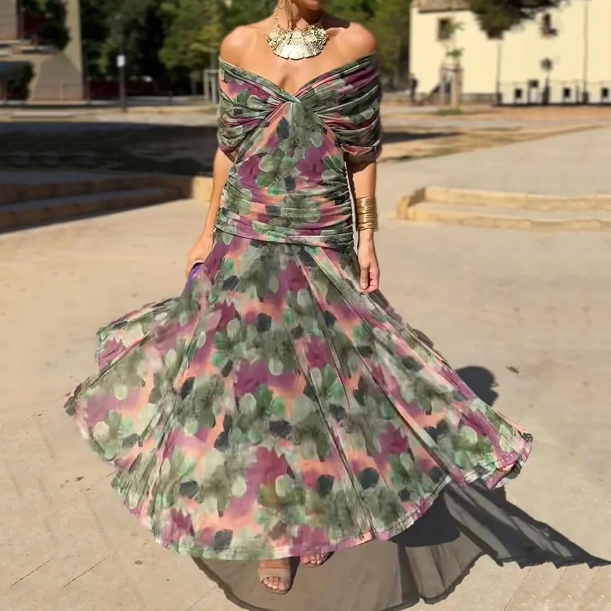 Olivia Robe Femme – Robe Cocktail Fleurie Épaules Dénudées Taille Haute Élégante
