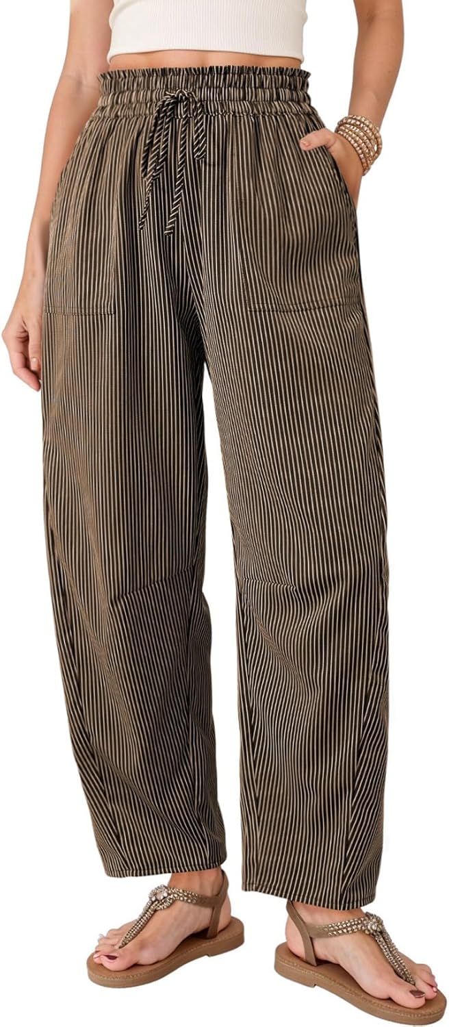 Pantalón Inès para mujer – Pantalón Barrel a rayas de talle alto con cordón para verano