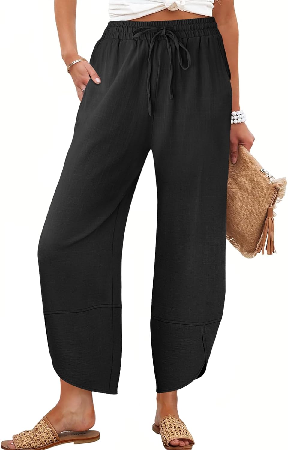Vivian Pantalón Mujer – Capri Palazzo Talla Grande Cintura Elástica y Bolsillos Verano