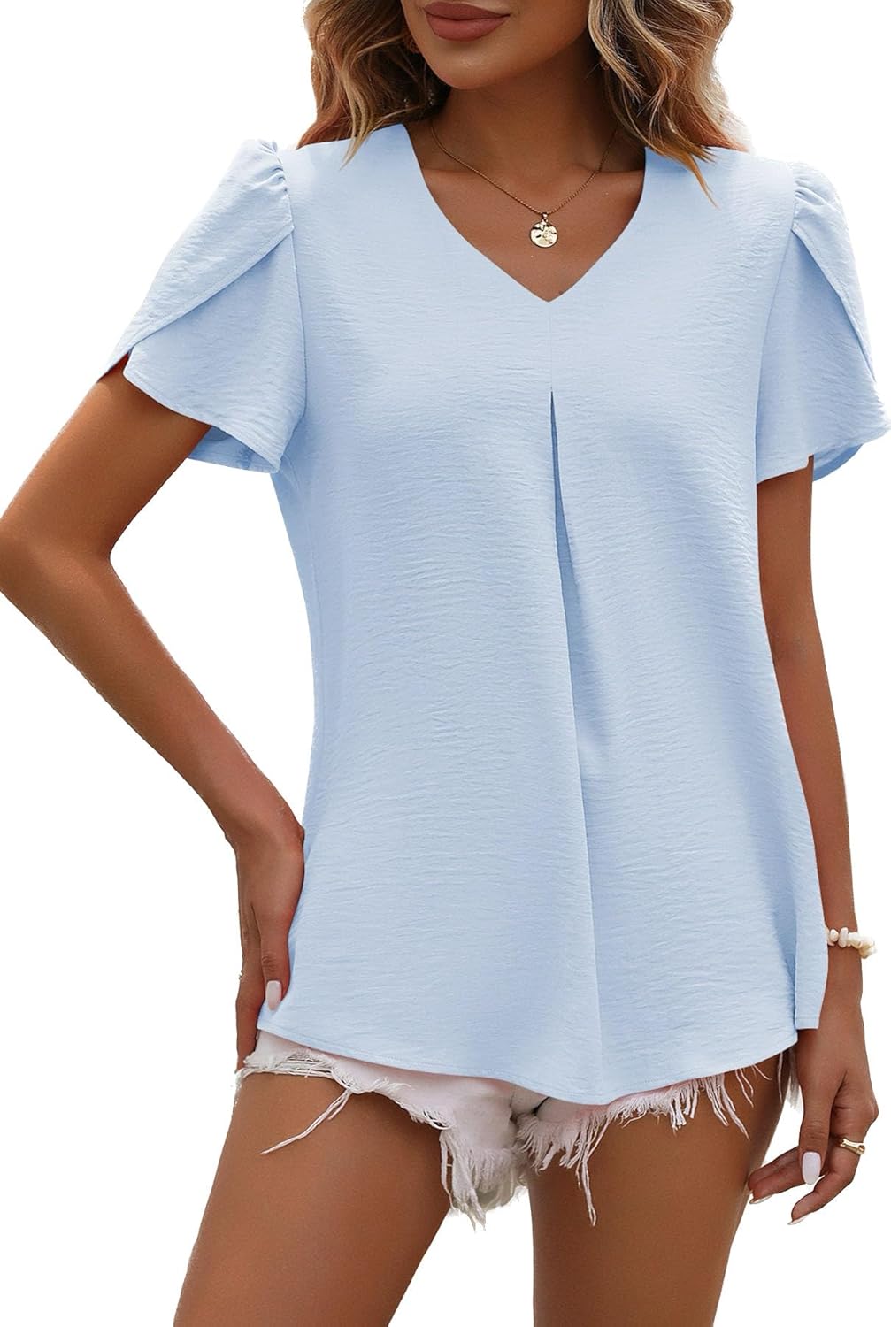 Princess Bluse Damen Chiffon – Fließendes Top V-Ausschnitt Kurzarm Elegant Sommer