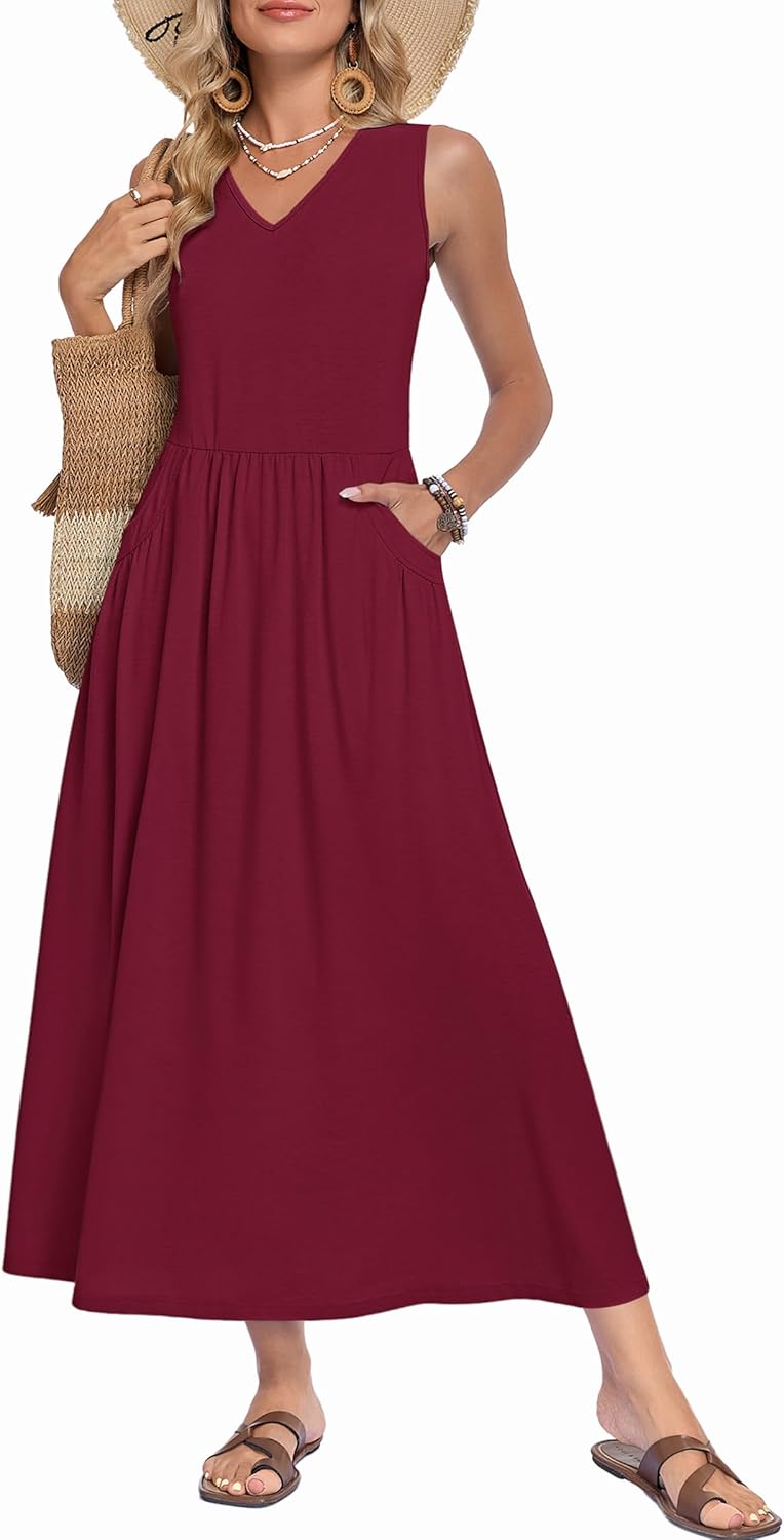 Faye Maxikleid Damen Sommer – Langes Kleid mit V-Ausschnitt, Ärmellos, A-Linie Schnitt und Taschen