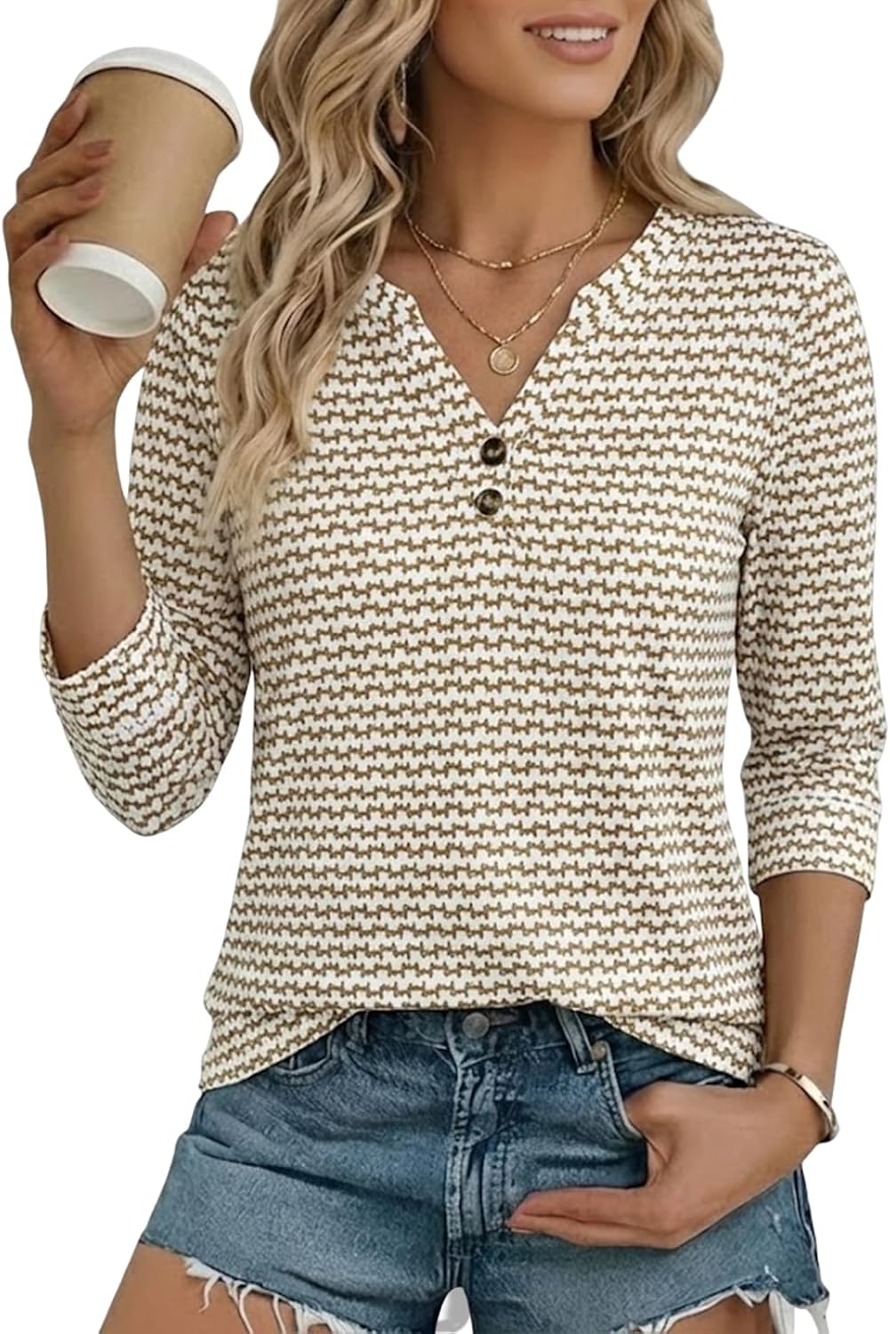 Blessy Damen Bluse V-Ausschnitt – 3/4 Henley-Ärmel, Weite Boho Elegante Passform Sommer