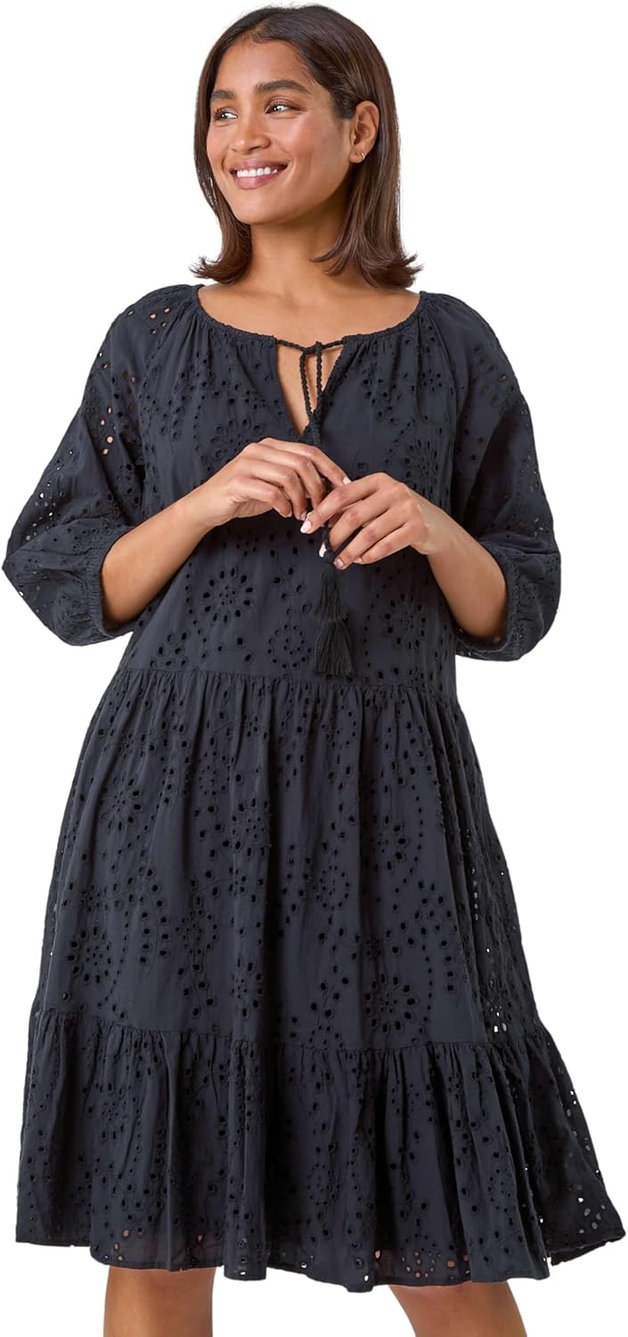 Lina Midi Dress for Women – Embroidered Dress with Ruffles, V-Neck, Cotton, Elegant Summer Dress
