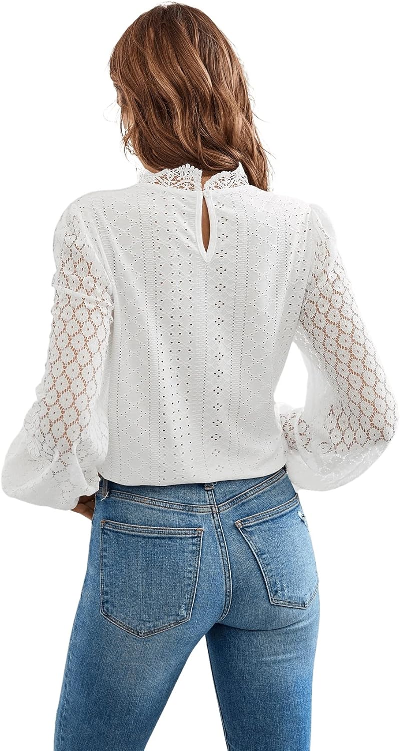 Norie Bluse til Kvinder i Blonde – Høj Krave, Lanterneærmer, Elegant Top