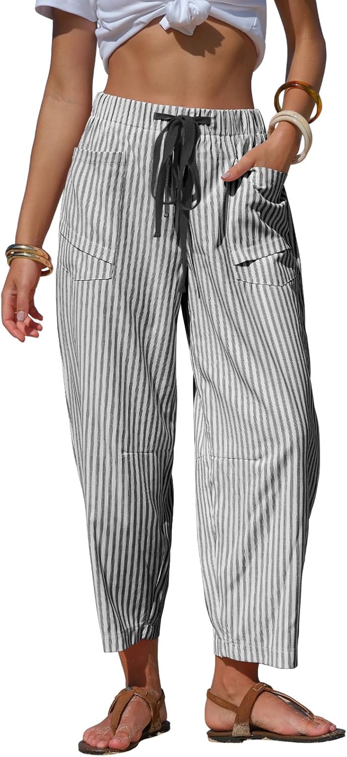 Laura Pantaloni Donna Lino Righe – Taglio Largo Capri, Vita Elastica, Leggero Estate