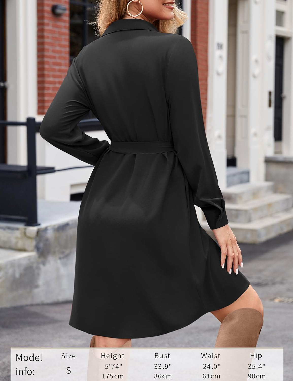 Sophie Damen Hemdblusenkleid – V-Ausschnitt, Lange Ärmel, Gürtel, Fließender Schnitt