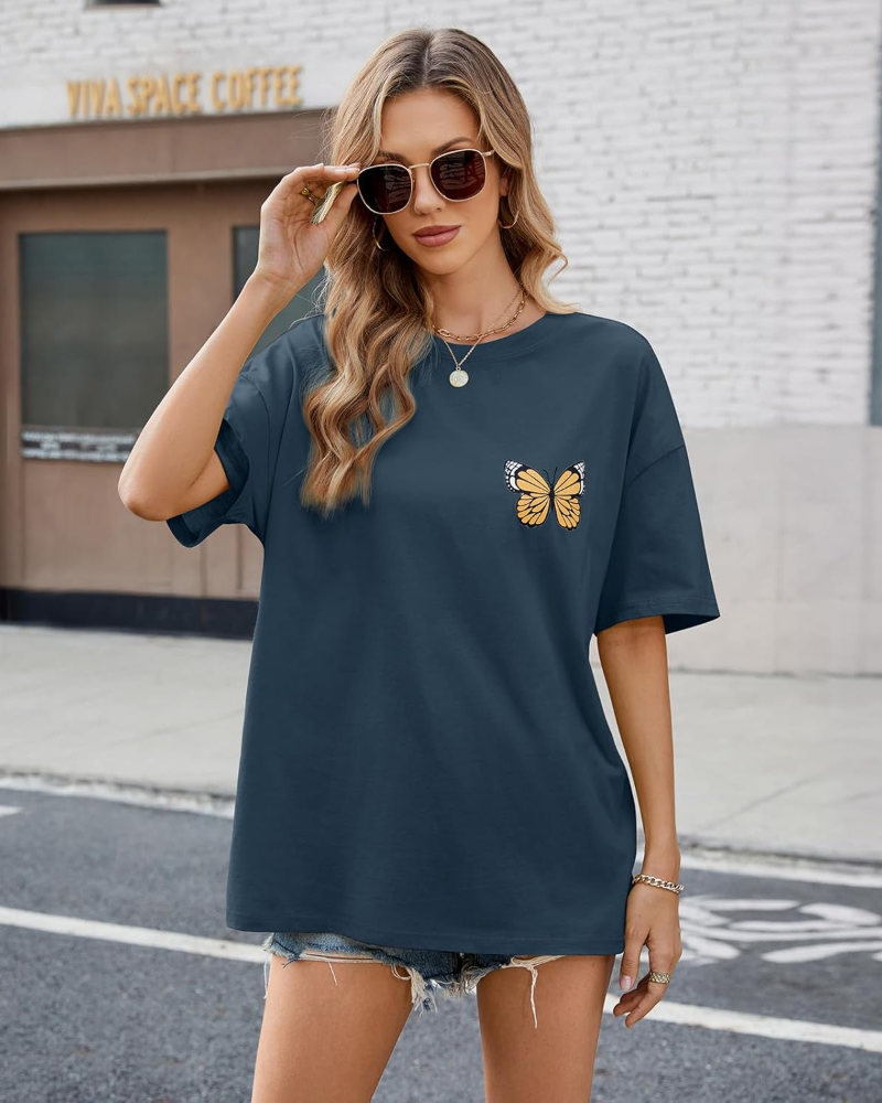 T-shirt Oversize Donna Sloane – Maglietta Vintage in Cotone con Stampa Farfalla e Taglio Largo