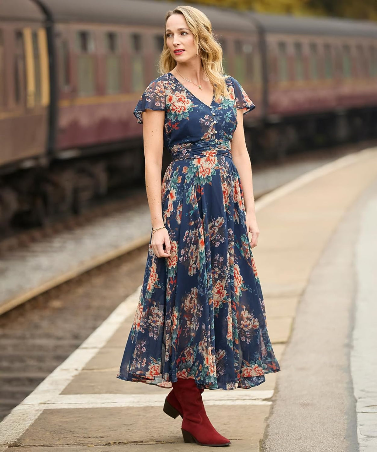 Sophie Abito Donna Floreale – Abito Georgette Scollo a V Maniche Corte Elegante Estate
