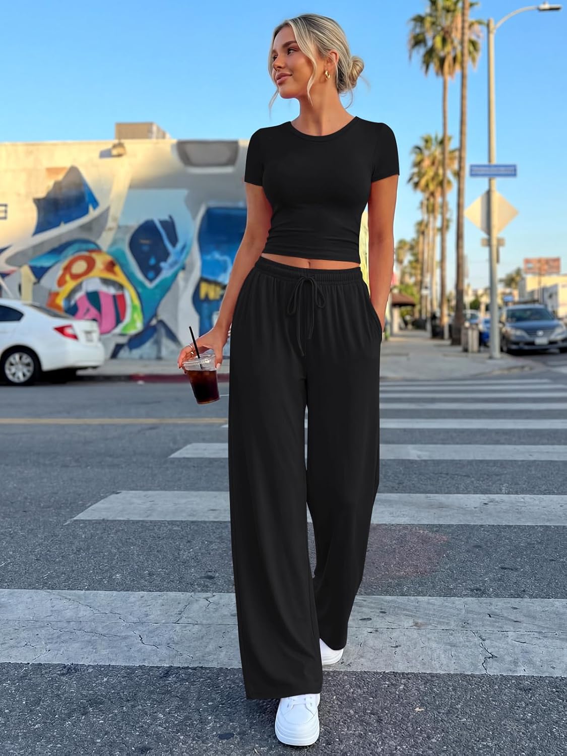 Sienna Women's Summer Set – Ruched Top & Wide-Leg Pants with Pockets